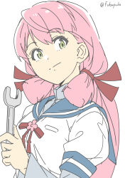 Rule 34 | 1girl, akashi (kancolle), blue sailor collar, closed mouth, fubupula, green eyes, hair ribbon, highres, holding, holding wrench, kantai collection, long hair, long sleeves, looking at viewer, one-hour drawing challenge, pink hair, red ribbon, ribbon, sailor collar, school uniform, serafuku, sidelocks, simple background, solo, tress ribbon, twitter username, upper body, white background, wrench
