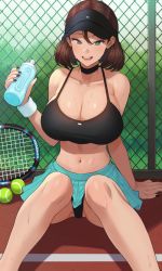 Rule 34 | 1girl, aqua skirt, ball, bare shoulders, black nails, black tank top, bottle, breasts, brown hair, chain-link fence, choker, cleavage, collarbone, commentary, english commentary, fence, green eyes, hair between eyes, holding, holding bottle, jagaimo (kkamja), jung yujin (jagaimo (kkamja)), large breasts, medium hair, midriff, mole, nail polish, navel, open mouth, original, pleated skirt, racket, sitting, skirt, sports bra, sportswear, stomach, sweat, tank top, tennis, tennis ball, tennis court, tennis racket, tennis uniform, visor cap, water bottle, wristband