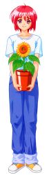 Rule 34 | 1990s (style), 1girl, blue eyes, closed mouth, collarbone, dot nose, facing viewer, flower pot, full body, highres, hinomoto hikari, holding, holding potted plant, kokura masashi, looking at viewer, mole, mole under eye, non-web source, official art, plant, potted plant, red hair, retro artstyle, shirt, shoes, short hair, short sleeves, simple background, smile, sneakers, solo, standing, tokimeki memorial, tokimeki memorial 2, white background, white shirt