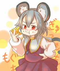 Rule 34 | 1girl, animal ears, belly grab, capelet, cheese, eating, full mouth, furorina, grey hair, highres, jewelry, mouse ears, mouse tail, nazrin, pendant, red eyes, short hair, skirt, solo, tail, touhou, weight conscious