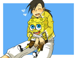 Rule 34 | 2boys, bad id, bad pixiv id, black hair, blue eyes, closed eyes, clothes, color connection, crossover, fullmetal alchemist, happy, heart, hug, ling yao, male focus, multiple boys, nyo (couch tomato), ponytail, spongebob squarepants, spongebob squarepants (series), teeth