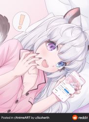 Rule 34 | !, animal ears, bad link, bed, blue eyes, cat ears, dialogue box, facebook, hair between eyes, hands on own face, heterochromia, highres, holding, holding phone, lizzharth, long hair, looking at viewer, lying, phone, pink background, pink eyes, simple background, smile, tail, white hair