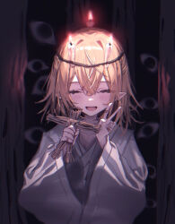 Rule 34 | 1girl, bandaid, blonde hair, candle, closed eyes, commentary request, crossed bangs, double-parted bangs, hair ornament, holding, medium hair, mizuhashi parsee, open mouth, pointy ears, robe, solo, touhou, v, white robe, wide sleeves, yumeno ruruka