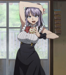 Rule 34 | 1girl, arm above head, arm up, armpits, blue eyes, breasts, dagashi kashi, dress, highres, large breasts, nail polish, open mouth, purple hair, shidare hotaru, smile, solo, stitched, third-party edit