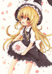 Rule 34 | 1girl, apron, bad id, bad pixiv id, blonde hair, bow, braid, cherry blossoms, female focus, floral background, hair bow, hat, hat ribbon, highres, kirisame marisa, long hair, marker (medium), open mouth, ribbon, short sleeves, single braid, skirt, skirt basket, skirt hold, solo, togesabo, touhou, traditional media, very long hair, vest, waist apron, white background, witch hat, yellow eyes