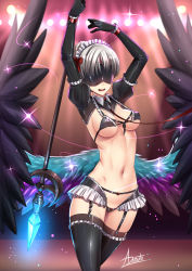 Rule 34 | 1girl, :d, adsouto, alternate costume, armpits, bikini, blindfold, bondage outfit, breasts, crop top, cuffs, drooling, frills, garter straps, gwendolyn (odin sphere), highres, holding, holding polearm, holding spear, holding weapon, leash, maid, maid bikini, maid headdress, multicolored wings, navel, odin sphere, open mouth, polearm, puffy sleeves, revealing clothes, short hair, shrug (clothing), signature, smile, spear, swimsuit, thighhighs, unconventional maid, valkyrie, weapon, white hair, wings