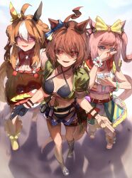 Rule 34 | 3girls, absurdres, agnes digital (umamusume), agnes tachyon (lunatic lab) (umamusume), agnes tachyon (umamusume), ahoge, animal ears, ankle boots, bagua, belt, belt pouch, bikini, black belt, black bikini, blood, blue shorts, boots, bow, bowtie, breasts, brown hair, canister, check medium, cleavage, commentary, copano rickey (umamusume), criss-cross halter, double bun, ear covers, ear ornament, fang, from above, full body, green jacket, grey eyes, hair between eyes, hair bow, hair bun, halterneck, highres, horse ears, horse girl, horse tail, jacket, long hair, looking at viewer, medium breasts, micro shorts, midriff, multiple girls, nosebleed, official alternate costume, open clothes, open mouth, open shorts, painting (medium), pink hair, pouch, purple eyes, red belt, red eyes, shoes, short hair, shorts, sidelocks, skin fang, skirt, swimsuit, tail, thigh belt, thigh strap, tied jacket, tonariuta, traditional media, translation request, trigram, two side up, umamusume, watercolor (medium), white hair, yellow bow, yellow skirt