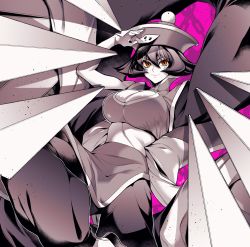 Rule 34 | 1girl, arm up, breasts, capcom, chain, cleavage cutout, clothing cutout, flipped hair, hair between eyes, hat, highres, jiangshi, large breasts, lei lei, monochrome, ofuda, purple background, qingdai guanmao, shadow, solo, spot color, takatsuki ichi, vampire (game), yellow eyes
