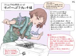 Rule 34 | 1girl, absurdres, aircraft, airplane, brown eyes, brown hair, commentary request, f-16 fighting falcon, fighter jet, freckles, hair ornament, hairclip, highres, jet, leaning forward, looking at viewer, military vehicle, mochi (circle rin), model airplane, open mouth, original, pilot suit, short hair, smile, solo, translation request