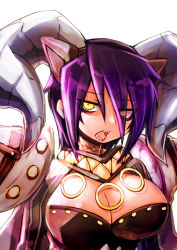 Rule 34 | 1girl, animal ears, breasts, cleavage, commentary request, emon-yu, eyes visible through hair, fake animal ears, genetic (ragnarok online), hair between eyes, hair over one eye, horns, large breasts, looking to the side, open mouth, purple hair, ragnarok online, sharp teeth, short hair, simple background, solo, teeth, upper body, white background, yellow eyes