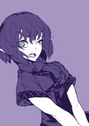 Rule 34 | 1girl, arm warmers, ascot, dutch angle, green eyes, looking at viewer, mizuhashi parsee, monochrome, open mouth, pointy ears, purple background, scar, scar across eye, scar on face, short hair, simple background, solo, spot color, thupoppo, touhou
