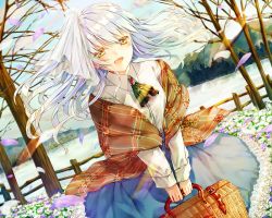 Rule 34 | 1girl, flower, long hair, original, petals, saijou haruki, skirt, sky, tree, white hair, winter, yellow eyes