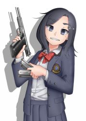 Rule 34 | 1girl, amt automag, black hair, blazer, blue jacket, blue skirt, bow, bowtie, clip (weapon), collared shirt, commentary request, dress shirt, drop shadow, grin, gun, hair ornament, hairclip, hands up, highres, holding, holding gun, holding weapon, jacket, long hair, long sleeves, looking at viewer, mole, open clothes, open jacket, original, paravene, parted bangs, pleated skirt, red bow, red bowtie, school uniform, shirt, skirt, smile, solo, thick eyebrows, weapon, white background, white shirt