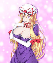 Rule 34 | 1girl, absurdres, blonde hair, bow, breasts, choker, cleavage, collarbone, dress, elbow gloves, finger to mouth, frilled dress, frills, gloves, hair between eyes, hair bow, hand on own elbow, hat, hat ribbon, highres, kyoukyan, large breasts, licking, licking finger, long hair, looking at viewer, mob cap, neck, pink background, puffy short sleeves, puffy sleeves, purple dress, purple eyes, ribbon, ribbon choker, shiny skin, short sleeves, sidelocks, solo, touhou, very long hair, white gloves, yakumo yukari