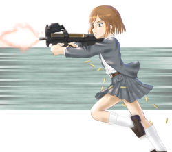 Rule 34 | 00s, 1girl, blazer, bob cut, brown eyes, brown hair, bullet casing, bullpup, casing ejection, firing, gun, gunslinger girl, henrietta (gunslinger girl), holding, holding gun, holding weapon, horizontal magazine, jacket, mary janes, muzzle flash, p90, personal defense weapon, pleated skirt, running, see-through, shell casing, shoes, short hair, skirt, socks, solo, speed lines, submachine gun, translucent, weapon, yuujin kaidan