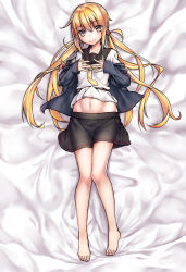 Rule 34 | 10s, abs, barefoot, bed sheet, belt, blonde hair, blush, breasts, fuyoru, groin, hands on own chest, jacket, kantai collection, long hair, lying, navel, neckerchief, no legwear, on back, sailor collar, satsuki (kancolle), satsuki kai ni (kancolle), school uniform, scrunchie, serafuku, sidelocks, small breasts, smile, solo, twintails, yellow eyes
