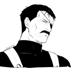 Rule 34 | 1boy, 2022, closed mouth, dated, eyepatch, facial hair, frown, fullmetal alchemist, greyscale, highres, looking at viewer, male focus, mini (pixiv6327751), monochrome, mustache, portrait, short hair, sketch, solo, suspenders, turtleneck, wrath (fma)