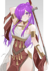 Rule 34 | 1girl, breasts, cleavage, collar, dancer (fire emblem: three houses), dress, fire emblem, fire emblem: three houses, fire emblem warriors: three hopes, hair bun, hair over one eye, highres, holding, holding sword, holding weapon, jewelry, large breasts, long hair, mia cbx, nintendo, over shoulder, purple eyes, purple hair, shez (female) (fire emblem), shez (fire emblem), simple background, single hair bun, smile, solo, sword, thighs, weapon, weapon over shoulder
