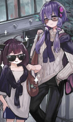 Rule 34 | 2girls, absurdres, ahoge, black pants, blue shorts, brown-tinted eyewear, closed mouth, hair between eyes, hair ornament, hand in pocket, hand on own hip, highres, jacket, long hair, long sleeves, low twintails, microa, multiple girls, oversized clothes, oversized shirt, pants, pocket, purple hair, shirt, shorts, single vertical stripe, smile, sparkle, split mouth, sunglasses, sweater, tied jacket, tinted eyewear, touhoku kiritan, twintails, v-shaped eyebrows, vocaloid, voiceroid, white shirt, white sweater, yuzuki yukari