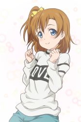 Rule 34 | 10s, 1girl, blue eyes, bow, brown hair, bubble background, clenched hands, clothes writing, hair bow, highres, kosaka honoka, looking at viewer, love live!, love live! school idol project, one side up, orange hair, red star (toranecomet), short hair, side ponytail, smile, solo, sweater, yellow bow