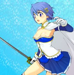 Rule 34 | 10s, 1girl, blue eyes, blue hair, blush, breasts, breasts out, dress, female focus, mahou shoujo madoka magica, mahou shoujo madoka magica (anime), matching hair/eyes, miki sayaka, misochige, nipples, open mouth, shaft (company), short hair, solo, standing, sword, weapon