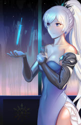 Rule 34 | 1girl, absurdres, bare shoulders, blue eyes, breasts, cleavage, detached sleeves, dress, earrings, highres, holding sword, jewelry, long hair, medium breasts, ponytail, reflection, rwby, side slit, solo, sword, tiara, weapon, weiss schnee, white hair, window, zhao shixuan