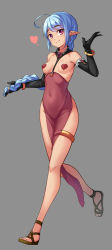 Rule 34 | 1girl, ahoge, blue hair, bracelet, braid, breastless clothes, breasts, dress, earrings, elbow gloves, covered erect nipples, gloves, heart pasties, highres, jewelry, legband, long hair, looking at viewer, original, pasties, pointy ears, red eyes, saiste, sandals, side slit, single braid, small breasts, solo, waving