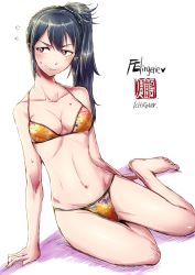 Rule 34 | 1girl, barefoot, bikini, blue hair, blush, breasts, brown eyes, cleavage, fire emblem, fire emblem fates, highres, ichigai (hayawossan), long hair, nintendo, oboro (fire emblem), ponytail, simple background, sitting, small breasts, solo, swimsuit, white background