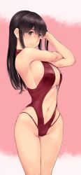 Rule 34 | 1girl, akagi (kancolle), breasts, brown eyes, brown hair, cleavage, cowboy shot, highres, holding, holding hair, kantai collection, large breasts, long hair, looking at viewer, navel, one-piece swimsuit, red one-piece swimsuit, solo, standing, straight hair, swimsuit, wa (genryusui)
