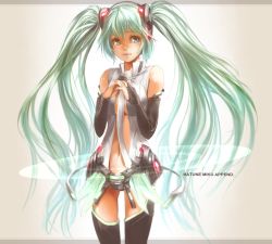 Rule 34 | 1girl, aqua eyes, aqua hair, bare shoulders, bridal gauntlets, cowboy shot, face, hatsune miku, hatsune miku (append), long hair, navel, necktie, own hands clasped, own hands together, sachito, solo, thighhighs, twintails, very long hair, vocaloid, vocaloid append