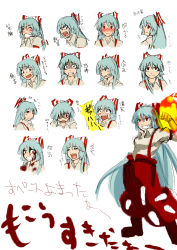 Rule 34 | 1girl, are you talking about kuririn, blood, blue hair, chart, clenched teeth, expressions, female focus, fire, fujiwara no mokou, grin, highres, long hair, makoto (pixiv), makoto jon, multiple views, pants, parody, red eyes, ribbon, smile, suspenders, tears, teeth, touhou, translation request, white background, yandere