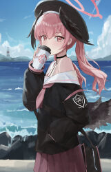 Rule 34 | 1girl, absurdres, bag, beret, black bag, black choker, black hat, black shirt, black wings, blue archive, choker, cowboy shot, cup, day, disposable cup, drinking, feathered wings, halo, hand in pocket, hat, head wings, highres, holding, holding cup, jiang zhuti jiojio, koharu (blue archive), long hair, looking at viewer, low wings, neckerchief, off shoulder, outdoors, pink eyes, pink hair, pink neckerchief, pink skirt, pleated skirt, sailor collar, sailor shirt, satchel, school uniform, serafuku, shirt, shore, skirt, solo, twintails, water, white sailor collar, wings