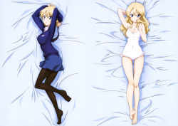 Rule 34 | 10s, 1girl, absurdres, arm behind head, barefoot, bed sheet, black pantyhose, blonde hair, blouse, blue eyes, blue skirt, blue sweater, blush, braid, breasts, casual one-piece swimsuit, cleavage, collared shirt, covered navel, dakimakura (medium), darjeeling (girls und panzer), feet, frilled swimsuit, frills, from above, full body, girls und panzer, hair between eyes, hair down, highres, holding, holding own hair, long hair, looking at viewer, lying, medium breasts, miniskirt, multiple views, necktie, no shoes, official art, on back, on side, one-piece swimsuit, pantyhose, pleated skirt, school uniform, shirt, skirt, smile, st. gloriana&#039;s school uniform, sweater, swept bangs, swimsuit, thighs, unworn necktie, white one-piece swimsuit, white shirt, yoshida nobuyoshi