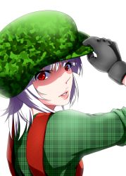 Rule 34 | 1girl, alternate costume, bad id, bad pixiv id, contemporary, female focus, from behind, fujiwara no mokou, gloves, hat, lips, mattari yufi, overalls, red eyes, silver hair, solo, suspenders, touhou