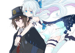 1boy 1girl arms_around_neck blue_eyes blue_hair brown_hair cape copyright_request dress floating floating_hair garter_straps hat high_heels kagisora_tomiyaki long_hair looking_at_viewer white_background