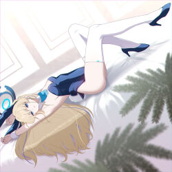 1girl animal_ear_hairband animal_ears aqua_bow aqua_bowtie armpits black_hairband blonde_hair blue_archive blue_eyes blue_footwear blue_leotard bow bowtie breasts detached_collar eko fake_animal_ears fake_tail hairband halo high_heels highleg highleg_leotard highres leotard long_hair looking_at_viewer lying medium_breasts official_alternate_costume on_back playboy_bunny rabbit_ear_hairband rabbit_ears rabbit_tail solo strapless strapless_leotard tail thighhighs toki_(blue_archive) toki_(bunny)_(blue_archive) very_long_hair white_thighhighs white_wrist_cuffs wrist_cuffs