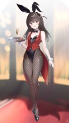 Rule 34 | 1girl, akishino yuzuki, animal ears, black bow, black bowtie, black footwear, black hair, black leotard, black pantyhose, blunt bangs, bow, bowtie, brown eyes, champagne flute, coattails, commission, cup, detached collar, drinking glass, fake animal ears, fishnet pantyhose, fishnets, full body, high heels, highres, indie virtual youtuber, kurage cc, leotard, looking at viewer, one side up, open mouth, pantyhose, playboy bunny, rabbit ears, red vest, skeb commission, smile, solo, strapless, strapless leotard, tray, vest, waitress, wrist cuffs