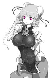 Rule 34 | 1girl, arm behind back, bandaged arm, bandages, breasts, cowboy shot, double bun, expressionless, female focus, flower, hand in own hair, highres, huge breasts, ibaraki kasen, impossible clothes, impossible shirt, looking at viewer, monochrome, no nose, purple eyes, raptor7, ribbon-trimmed sleeves, ribbon trim, rose, shirt, short hair, short sleeves, simple background, skirt, solo, spot color, tabard, taut clothes, touhou