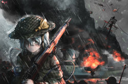 Rule 34 | 1girl, 6+others, aircraft, airplane, blue hair, bolt action, british army, brodie helmet, carrying, chinese commentary, cloud, cloudy sky, commentary request, explosion, green eyes, gun, helmet, highres, komeiji koishi, lee-enfield, lolipantherwww, looking at viewer, combat helmet, multiple others, ocean, rain, rifle, shaded face, ship, short hair, shoulder carry, sketch, sky, solo focus, tears, third eye, touhou, uniform, upper body, watercraft, weapon, wet, wet clothes, wet hair, world war ii
