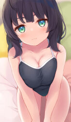 Rule 34 | 1girl, :s, bare shoulders, black hair, blurry, blurry background, blush stickers, breasts, breasts squeezed together, cleavage, collarbone, commentary request, competition school swimsuit, covered navel, green eyes, highres, komone ushio, large breasts, light blush, looking at viewer, medium hair, on bed, one-piece swimsuit, original, pout, school swimsuit, solo, sweatdrop, swimsuit, v-shaped eyebrows, v arms
