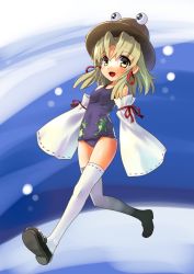 Rule 34 | 1girl, :d, adapted costume, blonde hair, blush, detached sleeves, female focus, full body, hat, katahira masashi, looking at viewer, moriya suwako, one-piece swimsuit, open mouth, school swimsuit, sleeves past wrists, smile, solo, swimsuit, thighhighs, touhou, white thighhighs, yellow eyes