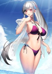 Rule 34 | 1girl, :d, absurdres, azur lane, bikini, black bow, black hair, black ribbon, blue sky, blush, bow, breasts, butterfly hair ornament, cleavage, day, dunkerque (azur lane), dunkerque (summer sucre) (azur lane), gradient hair, hair ornament, high ponytail, highres, huge filesize, large breasts, light rays, long hair, multicolored hair, navel, open clothes, open mouth, outdoors, purple bikini, red eyes, ribbon, see-through, short sleeves, side-tie bikini bottom, sidelocks, silver hair, sky, smile, solo, standing, stomach, sunbeam, sunlight, sweat, swept bangs, swimsuit, thighs, very long hair, yamanokami eaka