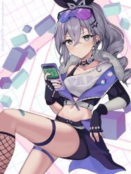 Rule 34 | 1girl, black gloves, black jacket, black shorts, choker, commentary request, crop top, cropped jacket, eyewear on head, fingerless gloves, fishnets, gloves, grey eyes, grey hair, highres, honkai: star rail, honkai (series), jacket, long hair, long sleeves, looking at viewer, midriff, navel, ponytail, shirt, short shorts, shorts, silver wolf (honkai: star rail), single-shoulder shirt, single bare shoulder, solo, stomach, sunglasses, thigh strap, thighs, vickie (cryingrobot), white shirt