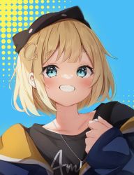 Rule 34 | 1girl, black hat, black shirt, blonde hair, blue background, blue eyes, blue jacket, blush, character name, clothes writing, collarbone, grin, hair ornament, halftone, halftone background, hand up, hat, highres, hololive, hololive english, jacket, long sleeves, looking at viewer, puffy long sleeves, puffy sleeves, seboneko, shirt, short hair, sleeves past wrists, smile, solo, upper body, virtual youtuber, watson amelia