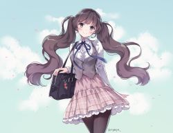 Rule 34 | 1girl, bag, bag charm, black eyes, blue ribbon, blue sky, blush, breasts, brown hair, brown pantyhose, brown skirt, charm (object), closed mouth, cloud, collared shirt, commentary request, cowboy shot, day, dress shirt, flower, grey hair, grey vest, long hair, long sleeves, looking at viewer, neck ribbon, nyanya, original, outdoors, pantyhose, petals, pink skirt, plaid, plaid skirt, pleated skirt, red flower, ribbon, school bag, school uniform, shirt, skirt, sky, small breasts, smile, solo, twintails, twitter username, very long hair, vest, white hair, white shirt