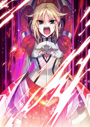 Rule 34 | 1girl, armor, arms up, blonde hair, breastplate, fate/apocrypha, fate (series), faulds, full armor, green eyes, mordred (fate), mordred (fate/apocrypha), nauchi, open mouth, ponytail, solo