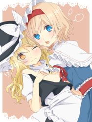 Rule 34 | 2girls, alice margatroid, black dress, blonde hair, blue dress, blue eyes, blush, capelet, cheek-to-cheek, dress, female focus, hairband, hand on shoulder, hat, heads together, kirisame marisa, long hair, multiple girls, one eye closed, open mouth, puffy sleeves, shirt, short hair, touhou, tsuno no hito, wide sleeves, wink, witch hat, yellow eyes, yuri