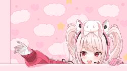 Rule 34 | 1girl, absurdres, alice (nikke), animal ear headphones, animal ears, blush, fake animal ears, gloves, goddess of victory: nikke, headphones, headset, highres, jacket, kaboten, long hair, multicolored clothes, multicolored gloves, open mouth, pink eyes, pink gloves, pink headphones, reaching, red jacket, smile, solo, teeth, twintails, two-tone gloves, upper teeth only
