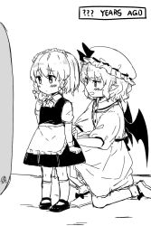 Rule 34 | 2girls, age difference, aged down, apron, artist request, blush, commentary request, demon wings, dressing another, english text, greyscale, hat, height difference, highres, izayoi sakuya, maid, maid apron, maid headdress, mirror, mob cap, monochrome, multiple girls, pointy ears, remilia scarlet, touhou, vampire, wings