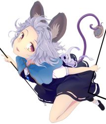Rule 34 | 1girl, animal, animal ears, basket, capelet, dowsing rod, foreshortening, full body, grey hair, ishikkoro, jewelry, mouse (animal), mouse ears, mouse tail, nazrin, parted lips, pendant, red eyes, ribbon, shoes, short hair, short sleeves, skirt, tail, touhou